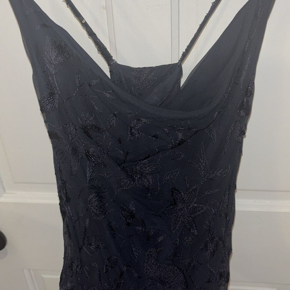 Navy Blue Cowl Neck Maxi Dress Embroidered Beaded Anopia Collezioni 100% Silk